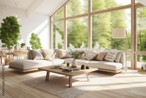 cosy interior living room contemporary white bright color scheme creative ideas concept with nature garden forest tree window background beautiful house background