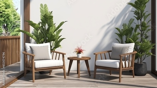 cosy comfort wooden terrace balcony with rattan easy chair home interior outdoor design concept,ai generate