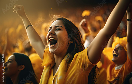 A woman raising her arms in celebration or victory photo