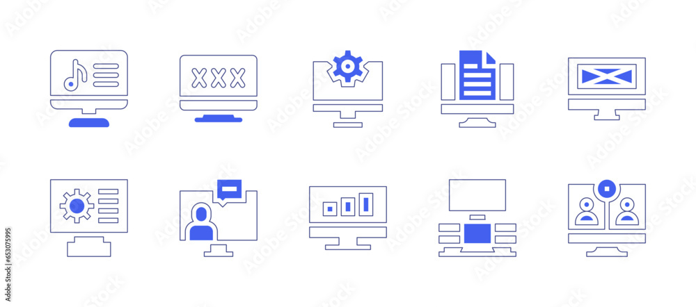 Computer screen icon set. Duotone style line stroke and bold. Vector illustration. Containing computer, file, sex addict, computing, manufacturer, online, analytics, tv monitor, video call.