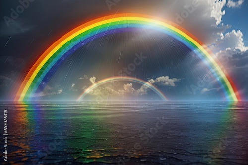 Rainbow on the sea and cloudy sky. 3D illustration. © Sagar