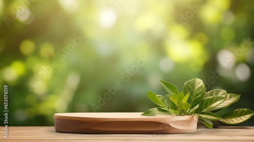 Wooden product display podium with blurred nature leaves background 