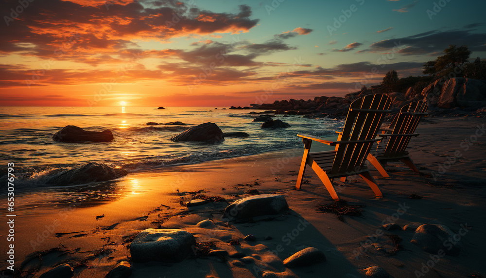 Sunset over tranquil water, nature beauty in a seascape generated by AI Sunset over tranquil water, nature beauty in a seascape generated by AI