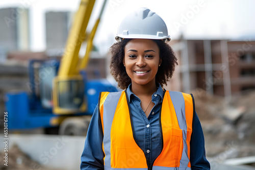 IDs de arquivo: 653076736 - Nomes originais: ect woman feeling proud and satisfied with career opportunity portrait of black building management employee or manager working on a project site  photo