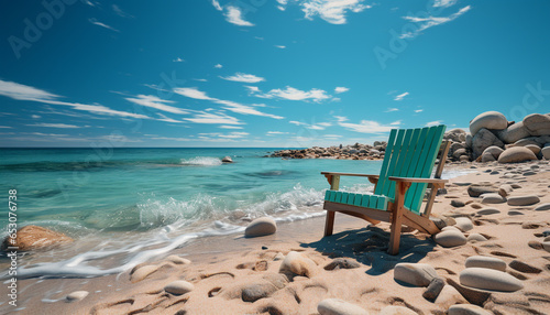 Tranquil scene blue water  sand  and coastline create relaxation generated by AI