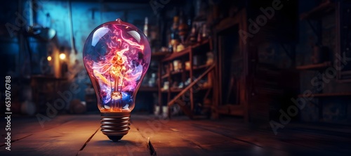 Creative light bulb explodes with colorful paint and splashes on a dark background. Think differently creative idea concept .generative ai photo