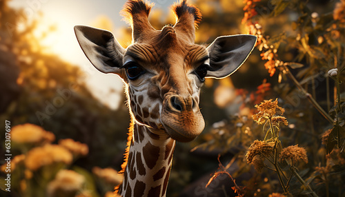 A cute giraffe standing in the grass, looking at camera generated by AI