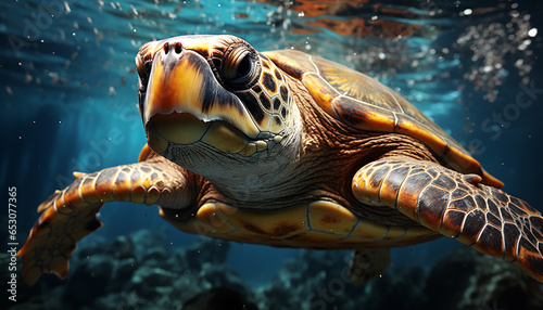 Close up of a beautiful green sea turtle swimming underwater generated by AI