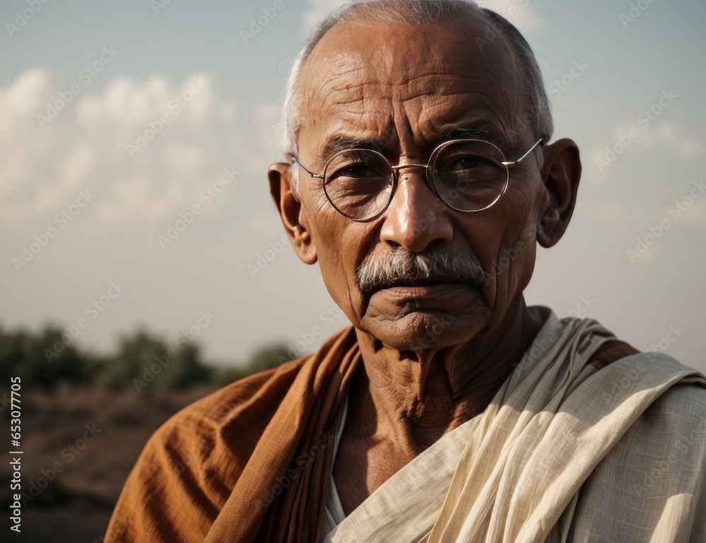 Portrait of Mahatma Gandhi in traditional clothes and glasses Portrait of Mahatma Gandhi in traditional clothes and glasses