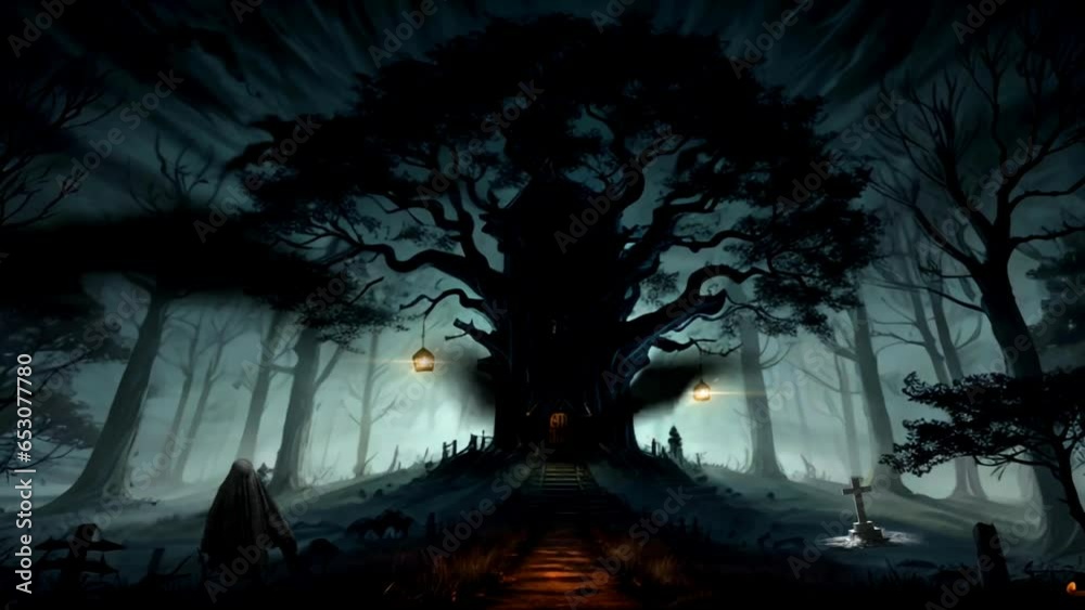 Halloween Night Scene with big tree in the forest. Halloween celebration animated virtual video background.
​