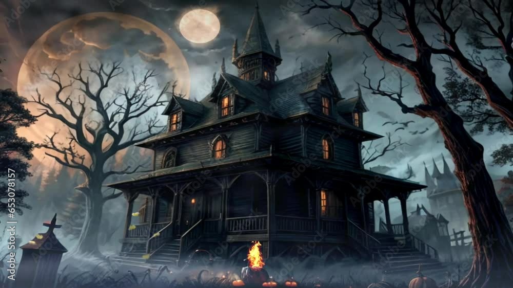 Scary Halloween Castle, ghosts and bats surround an old building with a ...