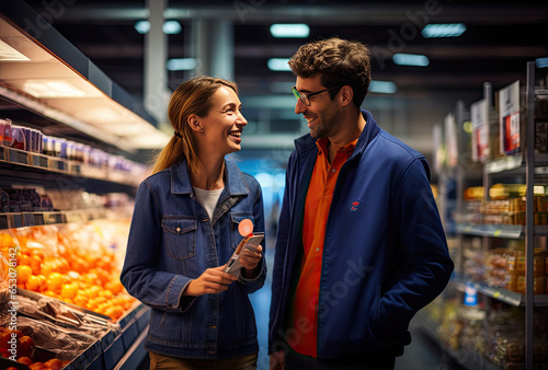A couple shopping in a grocery store photo