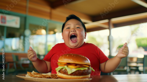 Happy boy in a street cafe with burger