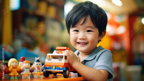 Portrait of a cute asian boy with a toy