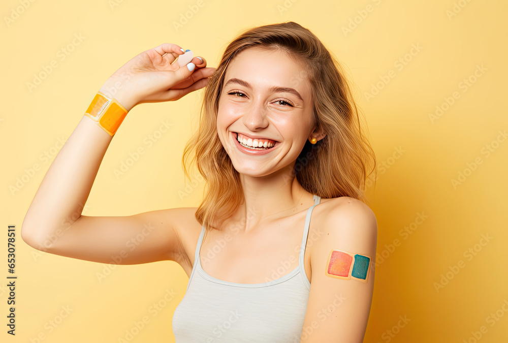 A joyful woman posing with her hand on her head