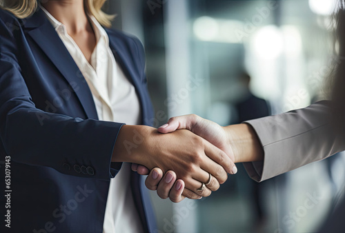 Two individuals shaking hands in front of a transparent glass wall