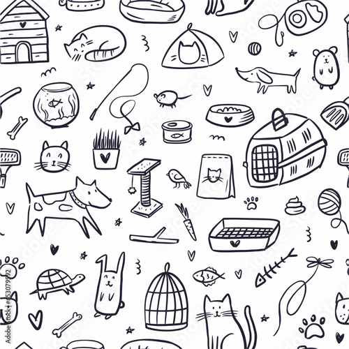 Vector pattern of hand-drawn objects for pets in the doodle style