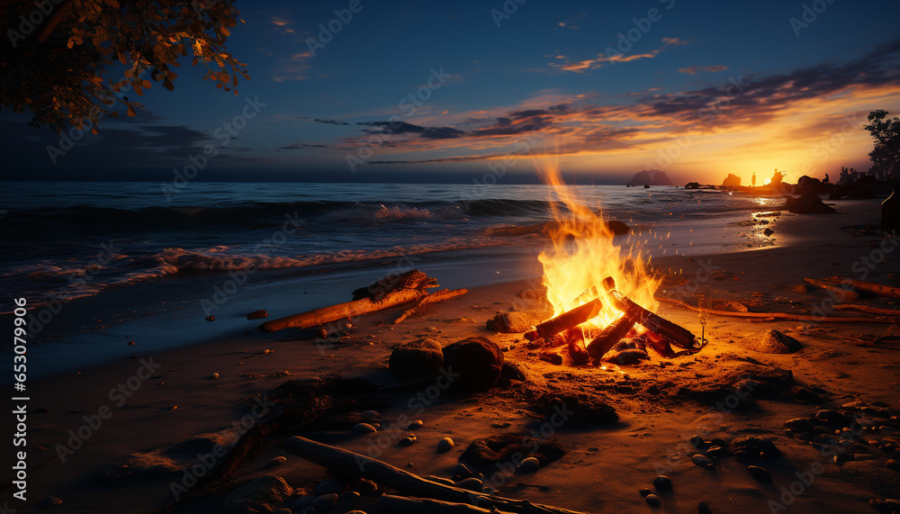 Sunset over the coastline, flames dance in the twilight sky generated by AI Sunset over the coastline, flames dance in the twilight sky generated by AI