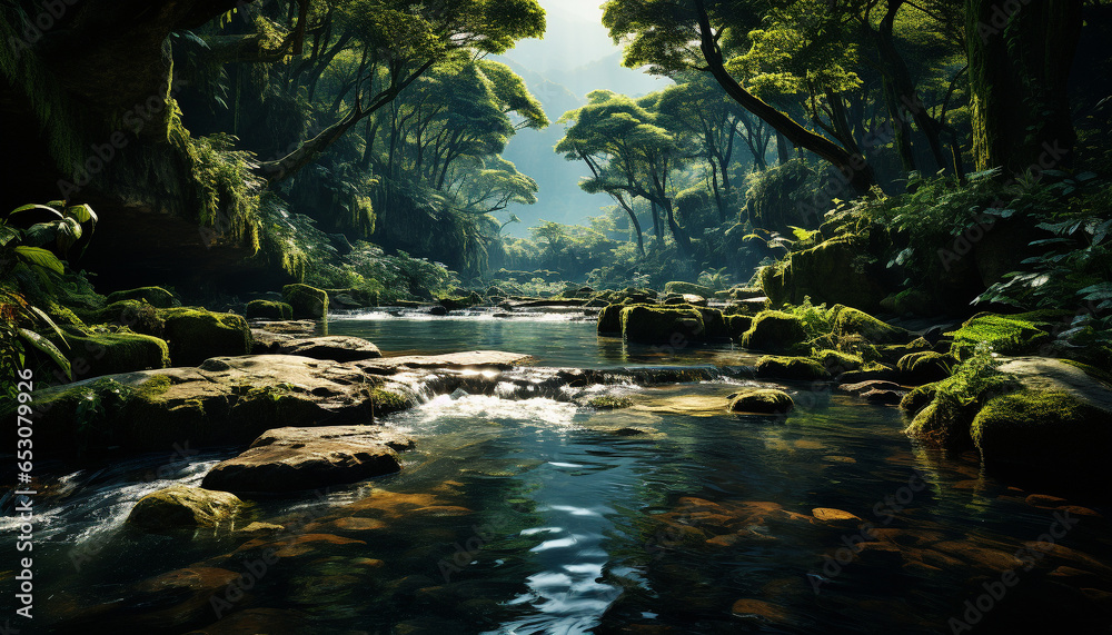 Tranquil scene flowing water, green trees, and rocky cliffs generated by AI