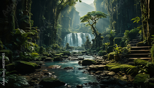 Tranquil scene tropical rainforest, flowing water, green color, mysterious beauty generated by AI