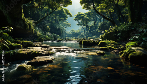 Tranquil scene flowing water, green trees, and rocky cliffs generated by AI