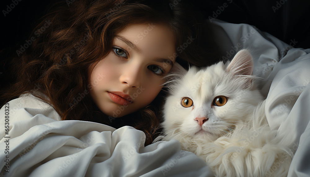Cute child embraces small kitten, both smiling with love generated by AI Cute child embraces small kitten, both smiling with love generated by AI
