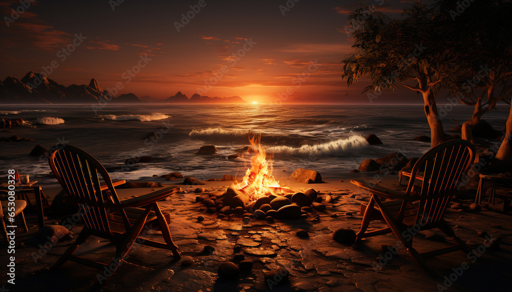 Fototapeta premium Sunset over the coastline, a bonfire burns on the sand generated by AI