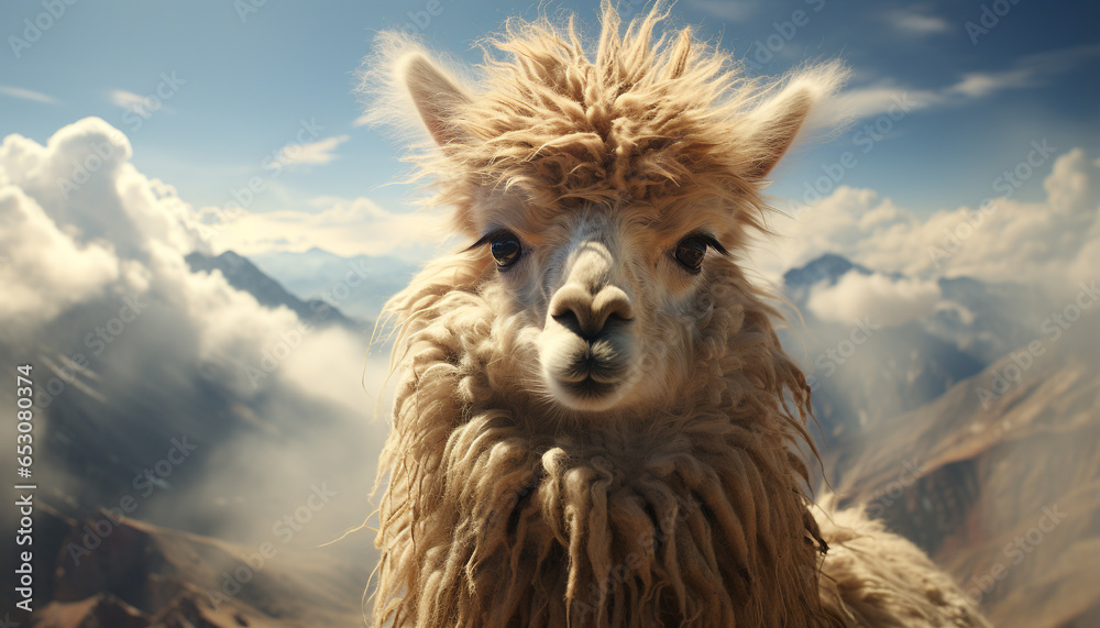 Fluffy alpaca in the mountains, looking at camera, cute generated by AI