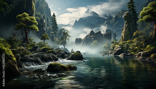 Tranquil scene mountain peak reflects in calm  green pond generated by AI