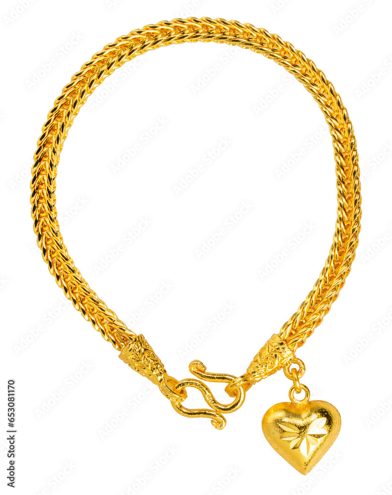 Gold bracelet with gold heart shaped pendant isolated on white background, Gold bracelet on White Background PNG File. - obrazy, fototapety, plakaty 