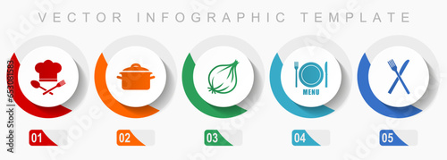 Food icon set, miscellaneous icons such as chef hat, pot, onion, menu and cutlery, flat design vector infographic template, web buttons in 5 color options