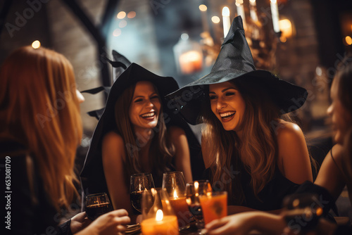 Friends enjoying Halloween party in witch costume