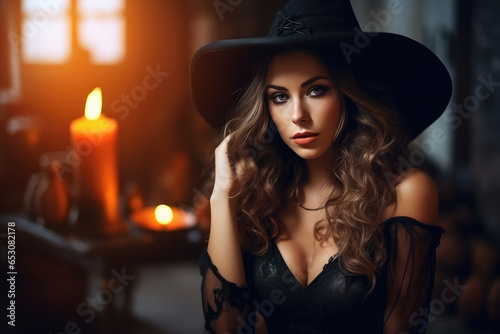 Portrait of beautiful woman in witch halloween costume