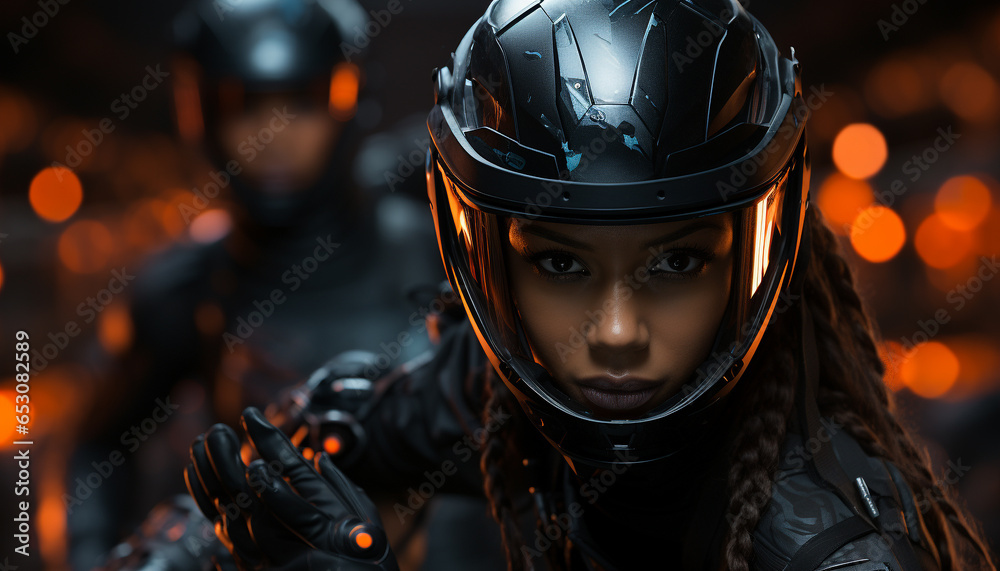 Young adult biker riding motorcycle, looking at camera confidently generated by AI Young adult biker riding motorcycle, looking at camera confidently generated by AI