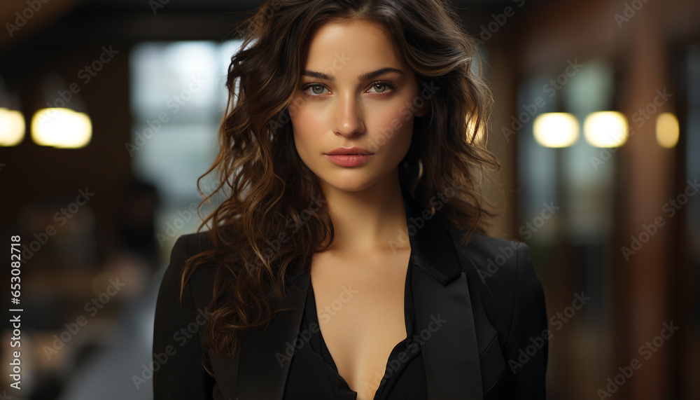 Obraz premium Beautiful woman, confident, elegant, fashionable, smiling, standing outdoors generated by AI