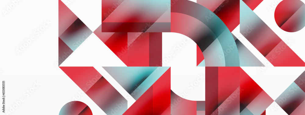 Geometric background with squares, triangles, circles. Shapes harmoniously interact, creating visually striking design for digital designs, presentations, website banners, social media posts