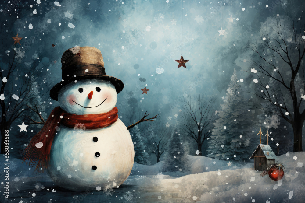 Christmas card illustration with snowman