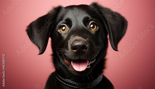 Cute puppy sitting, looking at camera, black background generated by AI