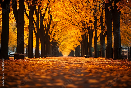autumn avenue full of fallen coloured leaves. AI generative.