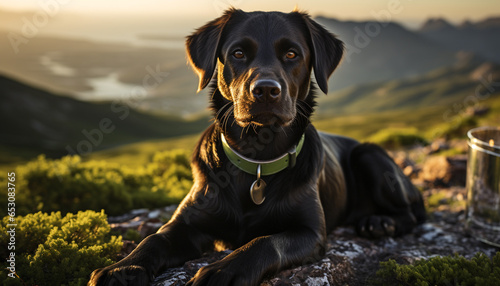 Cute puppy sitting outdoors, looking at sunset over mountains generated by AI