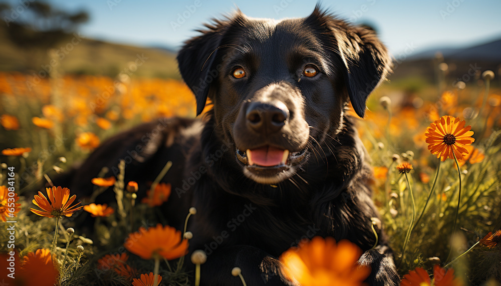 Cute puppy sitting in meadow, surrounded by flowers and nature generated by AI