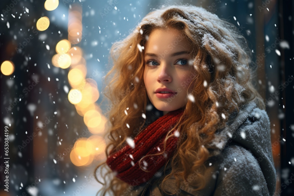 Woman under a snowfall in Christmas time.