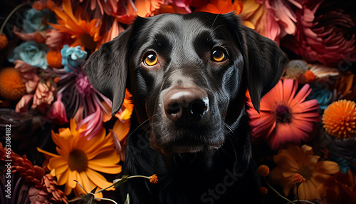 Cute puppy sitting outdoors, looking at camera, surrounded by flowers generated by AI