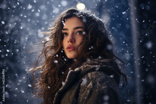 Woman under a snowfall in Christmas time.