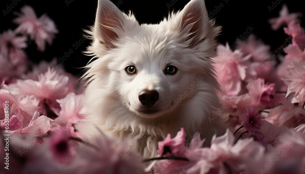 Cute puppy sitting outdoors, looking at camera, surrounded by flowers generated by AI