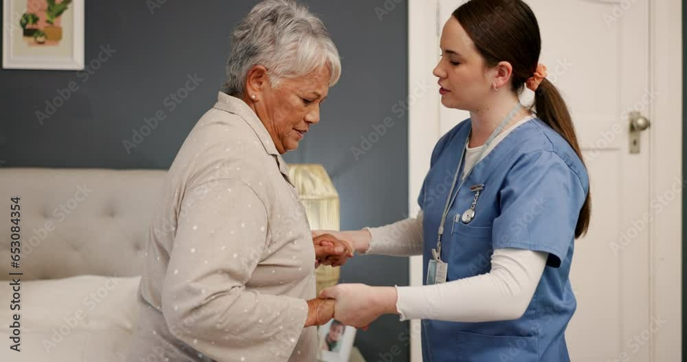 Old woman, nurse with help or support, elderly care with health and wellness in homecare with morning routine. Caregiver, person with disability or patient with rehabilitation, trust and healthcare
