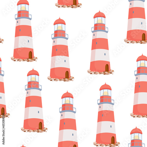 Seamless pattern with striped red and white lighthouse on stones on white background