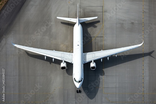Aerial view of white airplane at the airport.