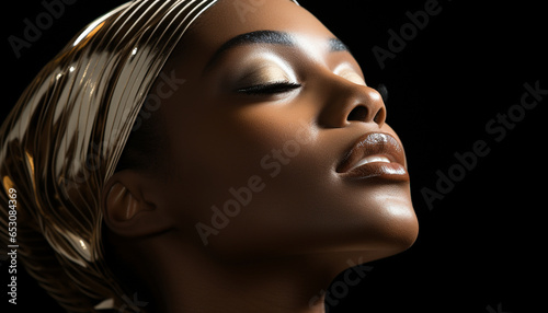 One beautiful woman, young and sensuous, with closed eyes generated by AI