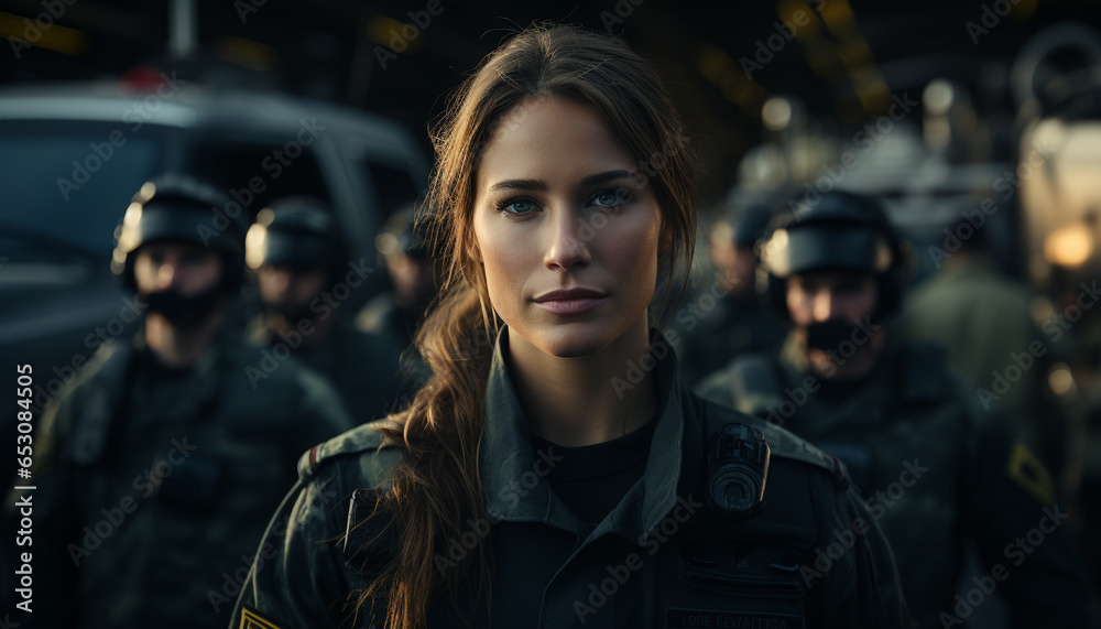 Group of armed forces looking at camera, protecting city generated by AI Group of armed forces looking at camera, protecting city generated by AI